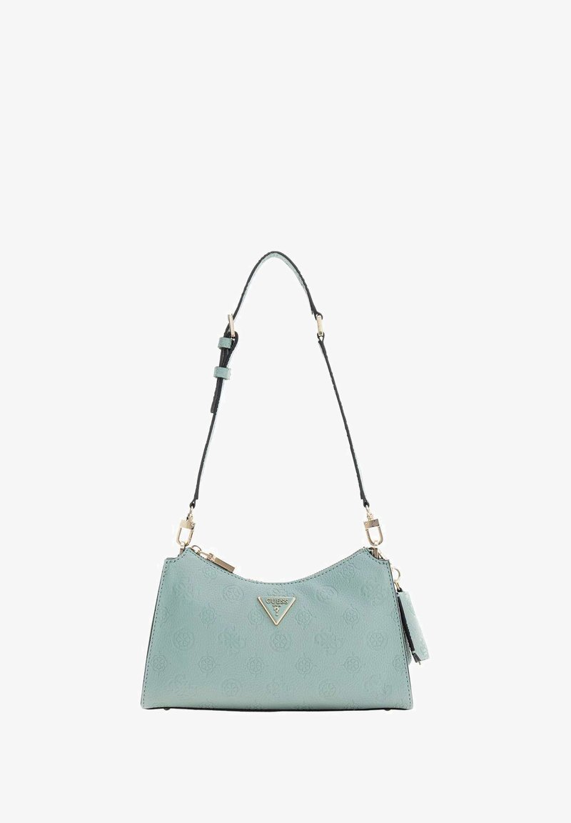 Sac à bandoulière Guess en cuir texturé bleu clair avec ferrures dorées, bandoulière noire réglable et fermeture éclair.