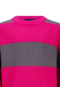 Strickpullover in pinken und grauen Streifen. Verfügt über einen gerippten Rundhalsausschnitt und ein strukturiertes Muster. Die Farben sind lebhaft und kontrastreich.