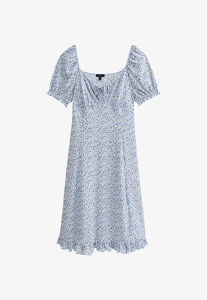 Ljusblå blommig klänning med puffärmar, fyrkantig halsringning, justerbara framknutar och volangkant; har ett mönster av gula och blå blommor.