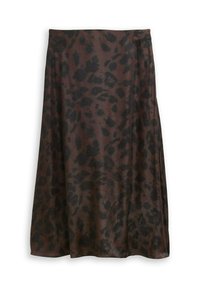 Jupe marron présentant un motif léopard noir. Fabriquée à partir d'un tissu doux et léger avec un design fluide et une taille élastique.