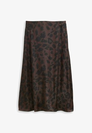 Gonna marrone con stampa leopardata nera. Realizzata in un morbido e leggero tessuto con un design fluido e una vita elastica.