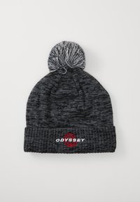 Adīta tumši pelēka cepure ar melnbaltu pom-pomu, ar sarkanu un baltu "ODYSSEY" logo uz apkakles. Mīksta tekstūra.