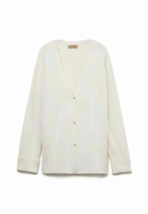 Cremfarbener Cardigan aus weichem Material, mit tiefem V-Ausschnitt, fünf Knöpfen sowie gerippten Bündchen und Saum.