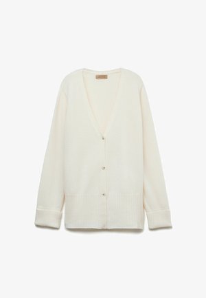 Krämfärgad cardigan i mjukt material, med djup V-halsringning, fem knappar samt ribbade ärmmuddar och nederkant.