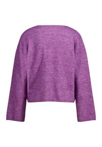 Purple cropped sweater with long sleeves, made of textured knit fabric. Features a wide neckline and a relaxed fit.
