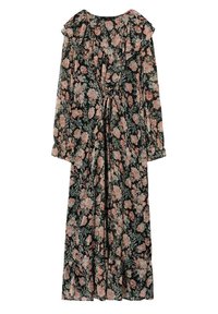 Longue robe noire à fleurs roses, manches longues, col froufroutant et taille nouée.
