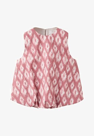 Haut rose sans manches avec un motif ikat en forme de losange blanc et un col rond.