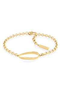 Pulsera en tono dorado con un diseño de cadena, acento ovalado y una etiqueta rectangular grabada con "Calvin Klein". Textura suave y acabado pulido.