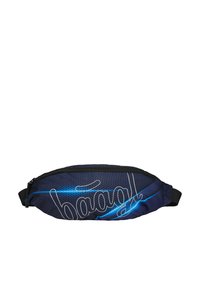Marsupio blu e nero, caratterizzato da un motivo esagonale e un logo "baagl" prominente in argento. Include un comparto con zip e una tracolla regolabile.