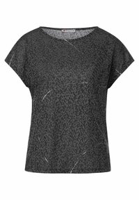 Šedé tričko s krátkým rukávem a leopardím potiskem, charakterizované volným střihem a jemnými lesklými detaily. Měkká látka s hladkým povrchem.