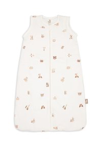 Sac de couchage pour bébé sans manches blanc avec des illustrations d'animaux beiges et marron et une fermeture éclair à l'avant.