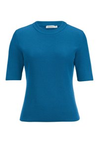 Kortärmad topp i ribbstickat material i klarblå färg. Har rund halsringning och en figurnära passform, tillverkad av ett mjukt tyg med en slät textur.