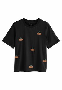 T-shirt en coton noir avec plusieurs motifs de citrouilles brodés orange, col rond et manches courtes, au toucher doux.
