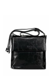 Sac bandoulière en cuir noir avec une surface texturée, doté d'une longue sangle ajustable et d'un rabat avant avec un logo embossé.