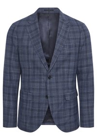 Marinblå rutiga kavaj med spetsig slag, två knappar och sidofickor. Tillverkad av textil med strukturerad yta och satininnersidan.