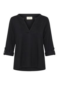 Blouse noire à manches longues avec poignets retroussés et col en V, fabriquée en tissu doux, avec une étiquette de la marque Kaffe à l'intérieur de l'encolure.