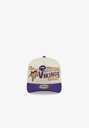 Minnesota Vikings white and purple snapback cap with team logo, Viking head, helmet, and "1961" text on front panel.