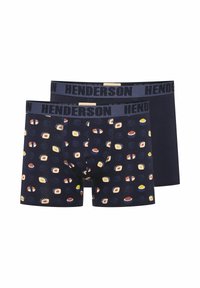 Granatowe bokserki z wzorem sushi przedstawiające różne kształty. Elastyczny pas z logo "HENDERSON". Miękki, elastyczny materiał.