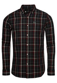 Camicia a quadri nera e rossa a maniche lunghe con colletto abbottonato, caratterizzata da linee bianche a griglia e una tasca sul petto. Materiale in cotone.