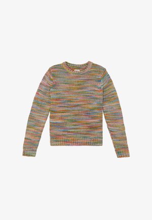 Mehrfarbiger Strickpullover mit Rundhalsausschnitt, langen Ärmeln und geripptem Saum, mit horizontalen Streifen in verschiedenen hellen Farbtönen.