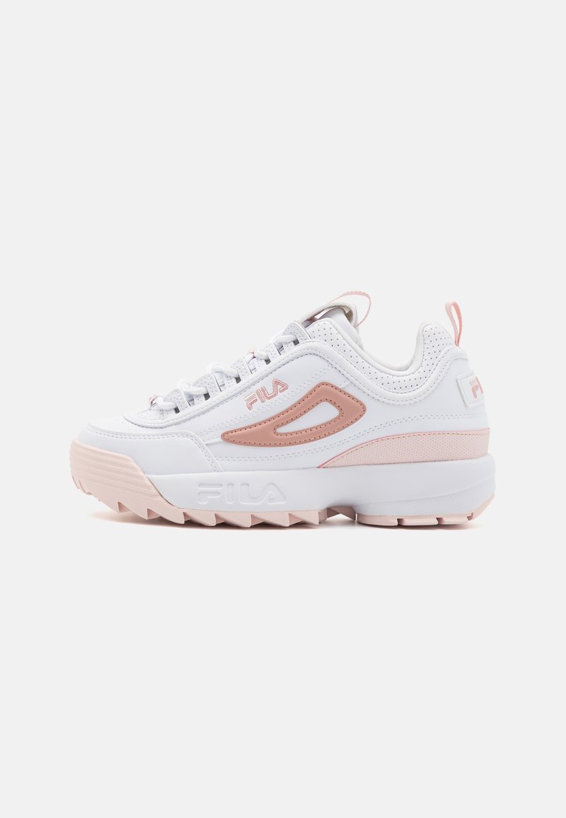 White athletic sneakers with pink accents, featuring a textured upper, thick sole, and lace closure. Logo displayed on the side.