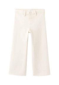 Belo široke kavbojke iz jeansa z zapenjanjem na gumbe, petimi žepi in vidnim šivanjem. Preprost dizajn brez dodatnih vzorcev ali poudarkov.