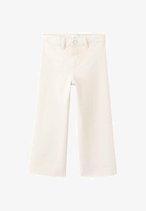 Široke bijele traper hlače s kopčanjem na gumb, pet džepova i vidljivim šavovima. Jednostavan dizajn bez dodatnih uzoraka ili ukrasa.