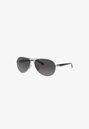 Silver metal aviator sunglasses with dark gray lenses. Features thin temples with a side accent logo and curved nose bridge.
