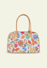 Meerkleurige bloemen geborduurde handtas met tan lederen accenten en handvatten, gestructureerde rechthoekige vorm, glanzende afwerking en ingewikkelde ontwerpen.