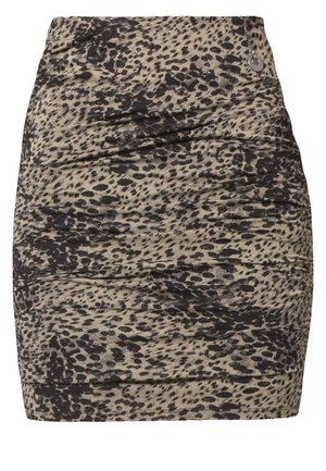 Beige-schwarzer Leopardenmuster-Minirock mit Raffung und kleinem metallischem Charme-Detail in der Nähe des Bunds.