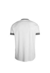 T-shirt bianco a maniche corte con colletto e dettagli delle maniche grigi. Tessuto morbido, vestibilità comoda e senza loghi o motivi visibili.