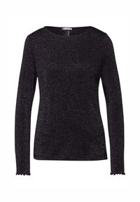 Maglia nera a maniche lunghe con una superficie brillante. Collo rotondo e bordi delle maniche ondulati. Tessuto leggero con una silhouette aderente.