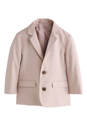 Beige skræddersyet blazer med to brune knapper, hakkede revers, klaplommer og 3/4-lange ærmer.