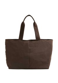 Brown fabric tote bag with two sturdy handles, rectangular shape, minimal stitching details, and a smooth texture.