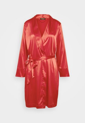 Red satin robe with long sleeves, shawl collar, and belt at the waist. Smooth texture, knee-length design, featuring a subtle logo detail.
