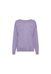Maglione a maglia di un morbido viola chiaro con maniche lunghe, scollatura tonda e orlo a costine. La texture sembra morbida e leggermente trasparente.