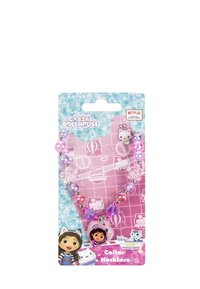 Halsband met kleurige kralen in roze en paars, met een stervormige hanger en een karakterpendant; verpakt op een thematische achtergrond.