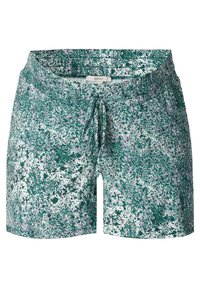 Pantaloni corti verdi con un motivo a macchie in viola e bianco. Presentano una vita elastica e un cordoncino per la regolazione.