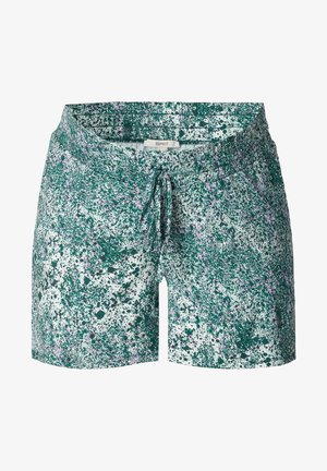 Rövid zöld sort, lila és fehér fröccsentett mintával. Rugalmas derékpánttal és állítható zsinórral rendelkezik.