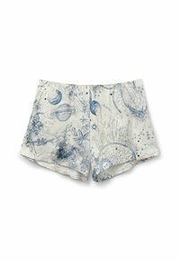 Pantalones cortos de algodón con un fondo crema y patrones celestiales azules, incluyendo planetas, estrellas y acentos florales. Cintura elástica.