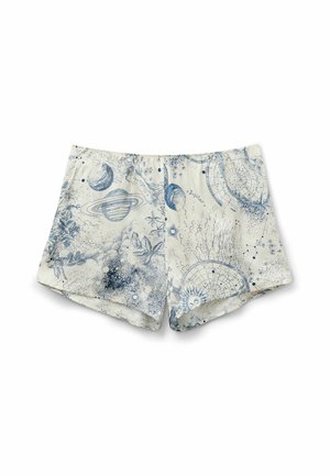 Bomullsshorts med en krämfärgad bakgrund och blå himmelska mönster, inklusive planeter, stjärnor och blommönster. Resårmidja.