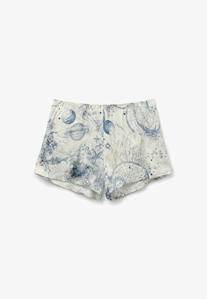 Pantaloni corti di cotone con sfondo crema e motivi celesti blu, inclusi pianeti, stelle e accenti floreali. Vita elasticizzata.