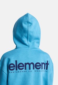 Felpa con cappuccio blu con un grande logo "element" blu scuro e il testo "SKATEBOARD CO. WORLDWIDE" sul retro. Tessuto morbido in misto cotone.