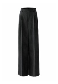 Pantalons à jambe large en tissu gris foncé avec des rayures verticales. Présente une taille haute et une texture lisse, conçu pour un look structuré.