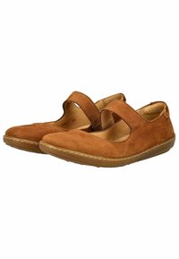 Braune Wildleder-Mary-Jane-Schuhe mit einem Riemen über dem Spann, runder Zehenpartie und Gummisohle. Strukturiertes Obermaterial mit sichtbarem Nähdetail.