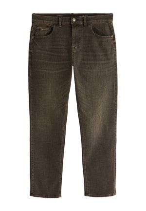 Slim fit tmavohnedé denimové rifle s prednými vreckami, pútkami na opasok a zapínaním na gombík, s jemným vyblednutím a rovno strihanými nohavicami.