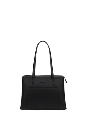 Borsa tote in pelle nera con manici lunghi, tasca frontale e chiusura con zip in alto, progettata per l'uso quotidiano.