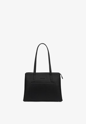 Sac cabas en cuir noir avec longues anses, poche avant et fermeture éclair sur le dessus, conçu pour un usage quotidien.