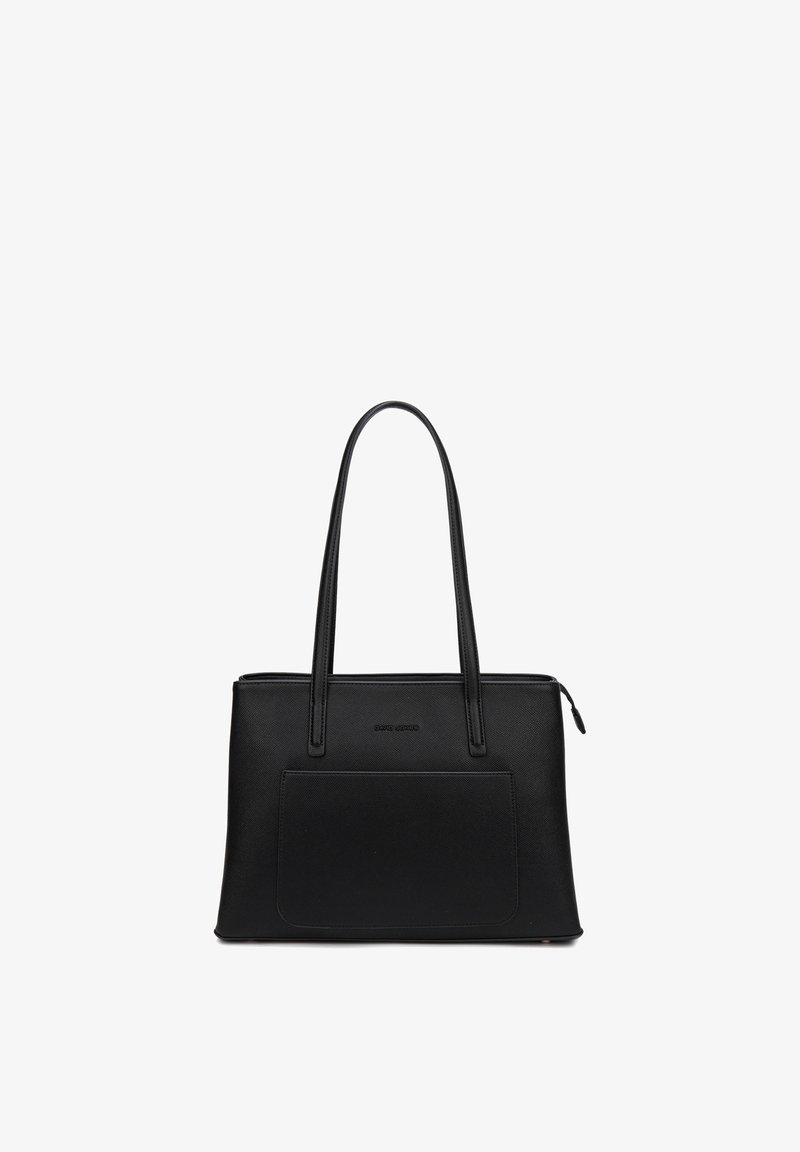 Sac cabas en cuir noir avec longues anses, poche avant et fermeture éclair sur le dessus, conçu pour un usage quotidien.