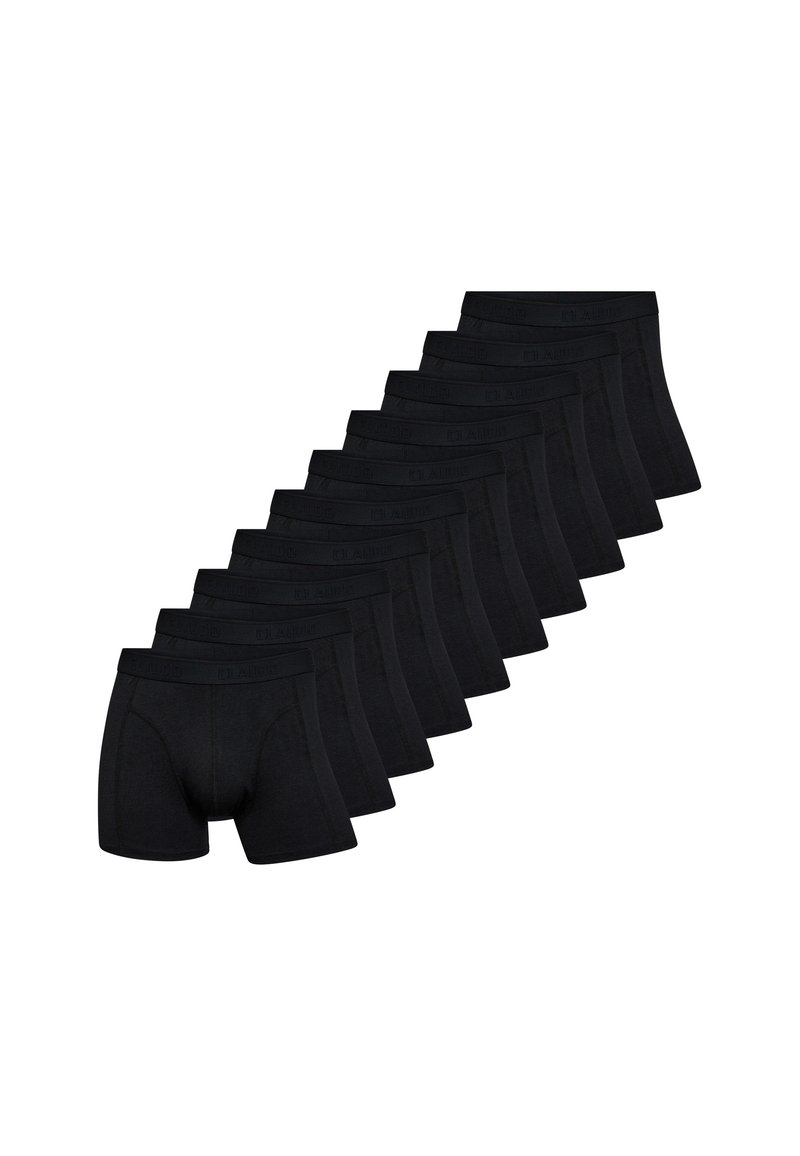 Sort bomulds-boxer shorts med en glat tekstur, strækbar talje og tætsiddende design. Ti stykker vist på række.